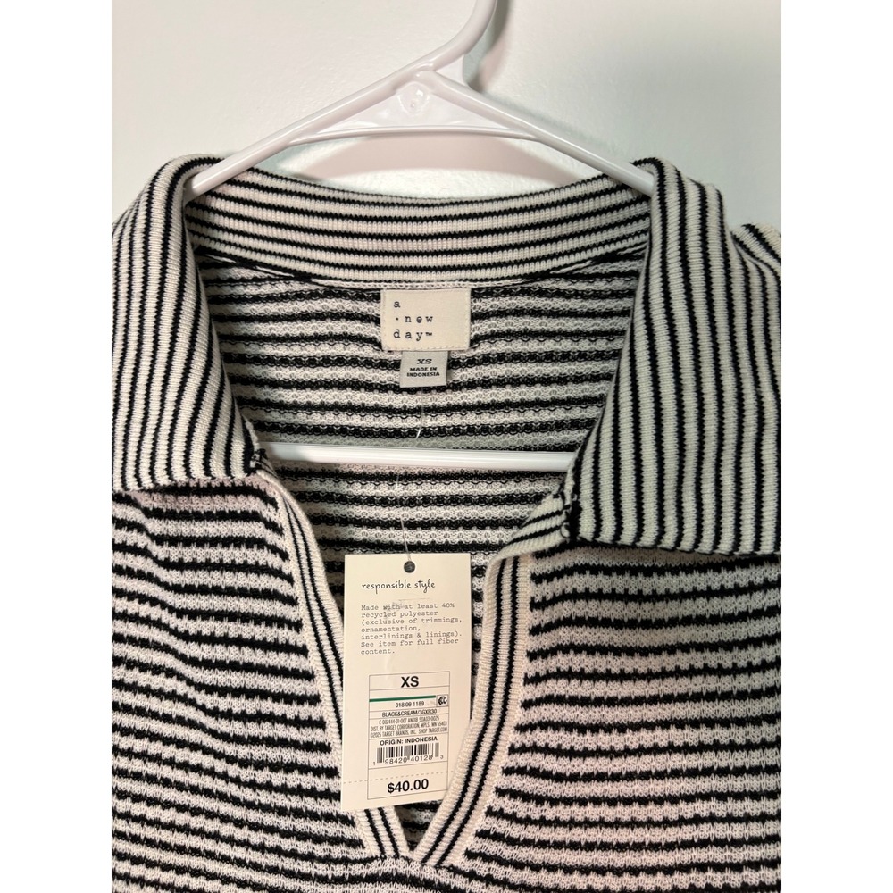 A New Day Womens XS Black Cream Striped Long Sleeve Polo Sweater Midi Dress NWT - Picture 3 of 4